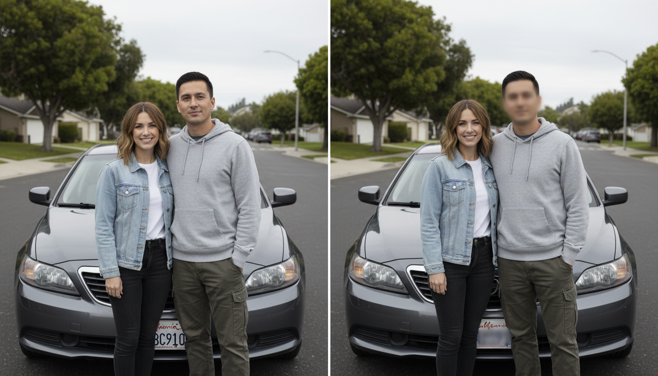 Blur Image — a face and a licence plate blurred in a photo, before and after