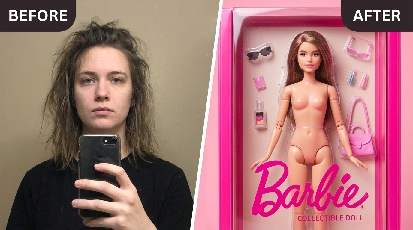 AI Barbie Box Photo Maker before and after example