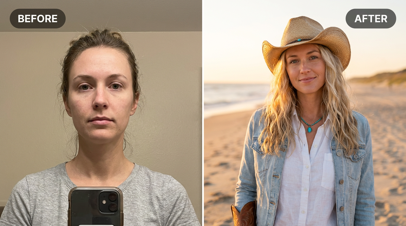 Coastal Cowgirl Aesthetic AI Photoshoot before and after example
