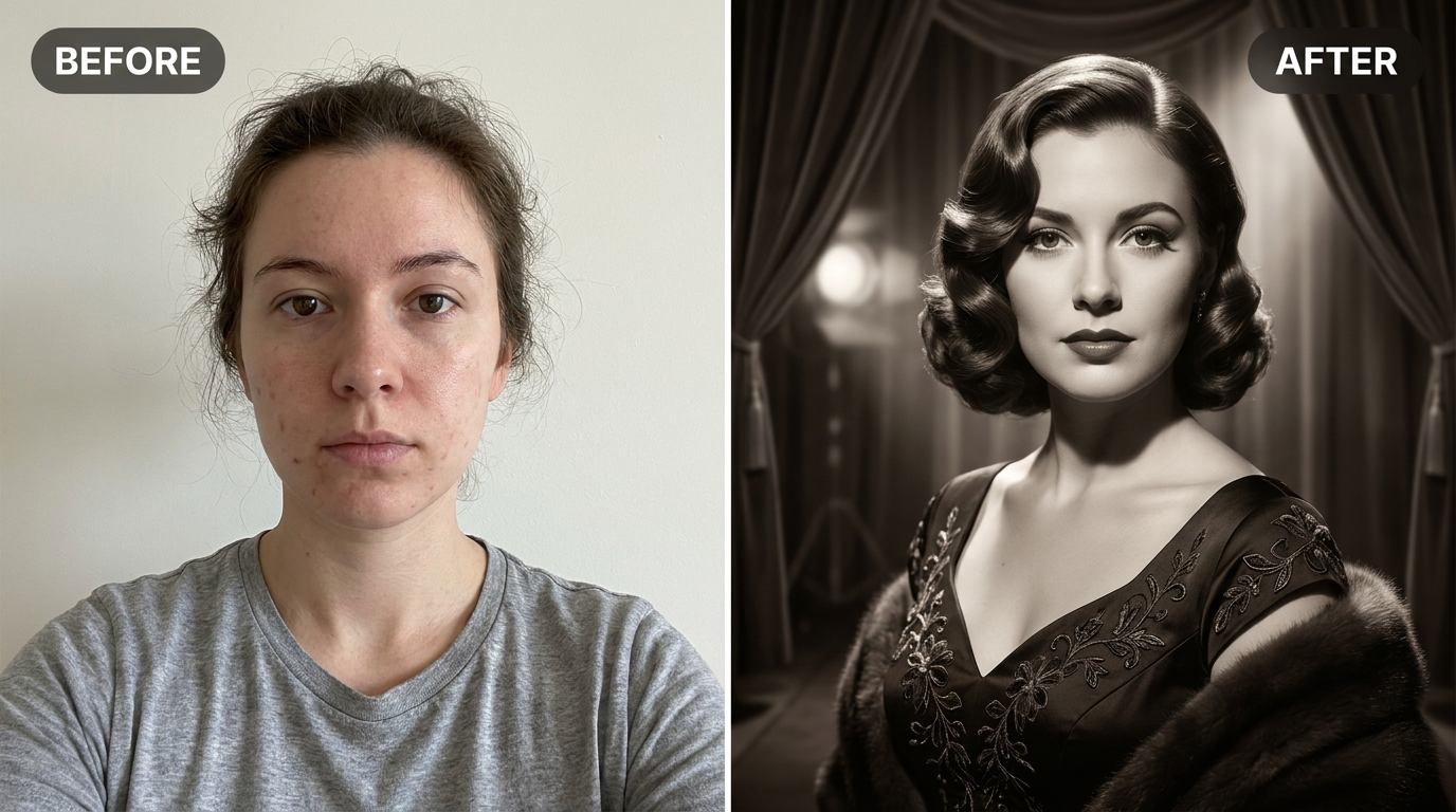 Old Hollywood Glamour AI Portrait before and after example