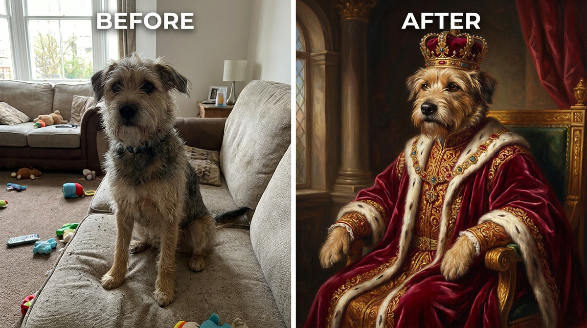 AI Pet Portrait Maker before and after example