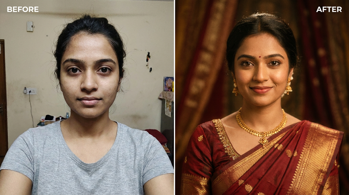 AI Saree Photoshoot Maker before and after example