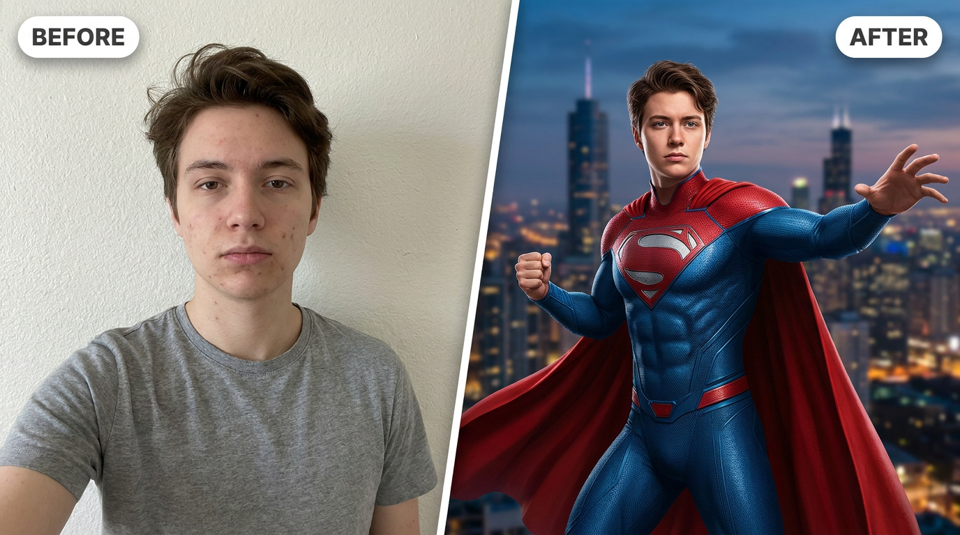 AI Superhero Costume Maker before and after example