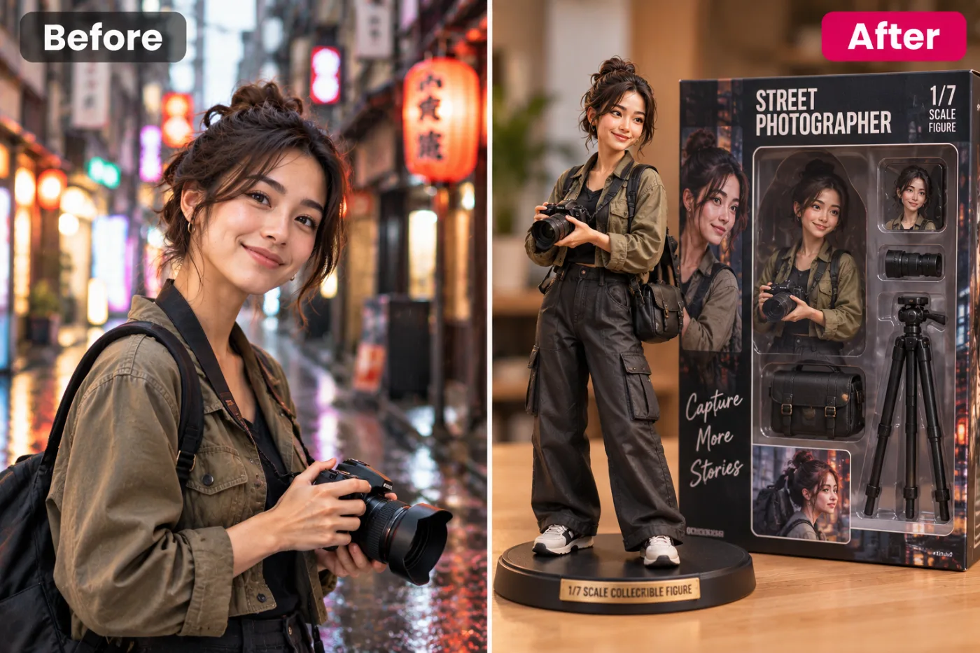 AI Action Figure Generator — before and after