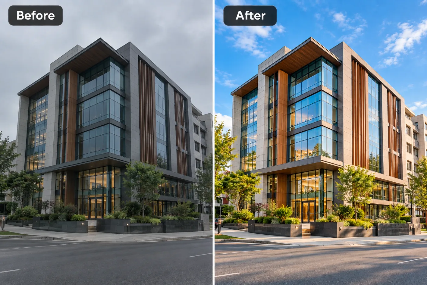 Architecture Photo Editor — before and after
