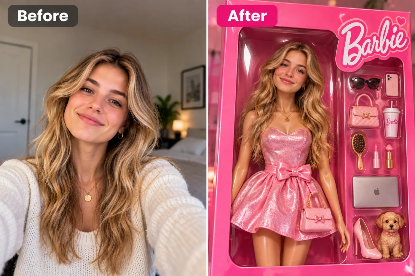 AI Barbie Box Photo Maker — before and after