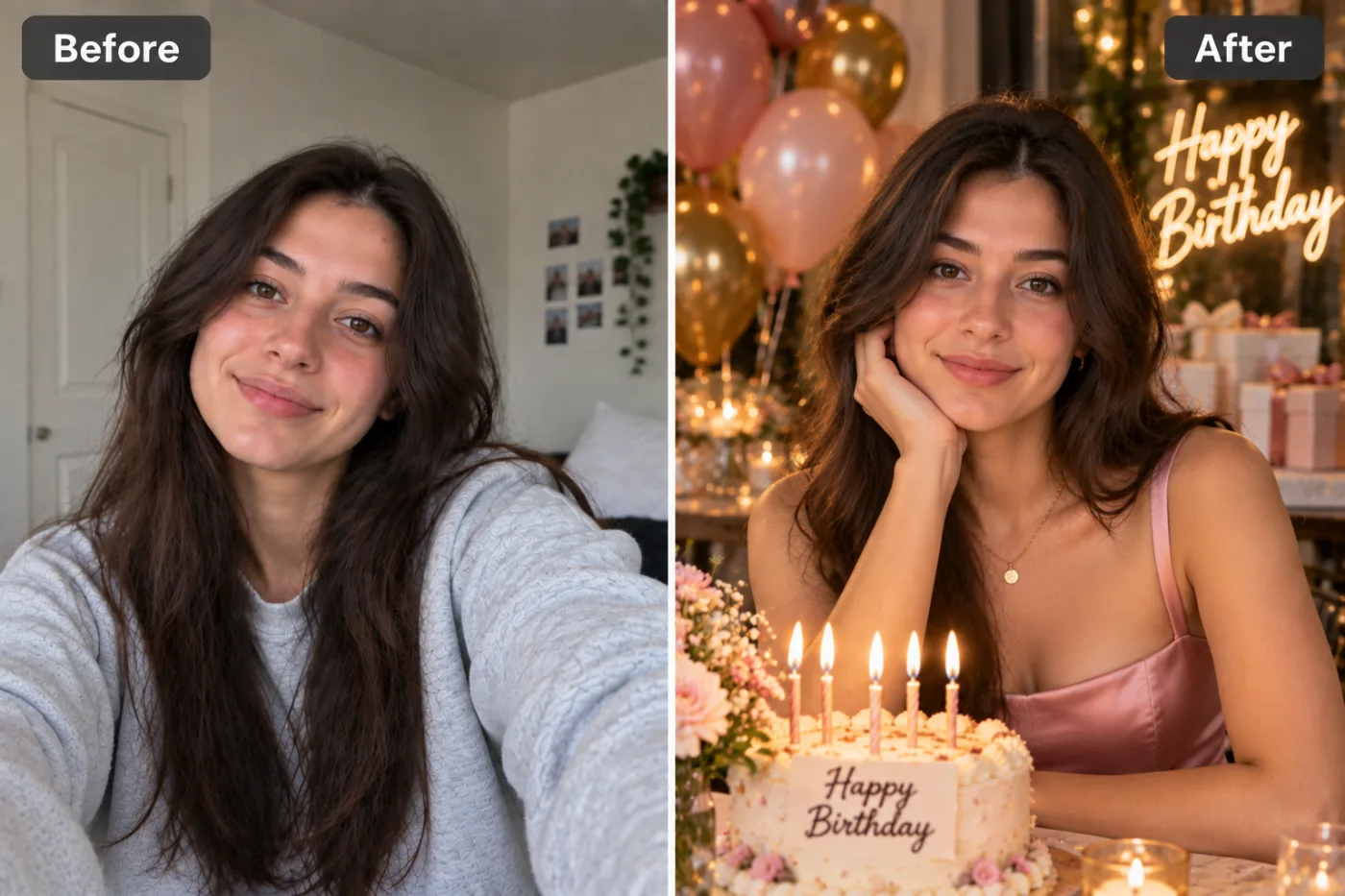Birthday Photo Editor — before and after