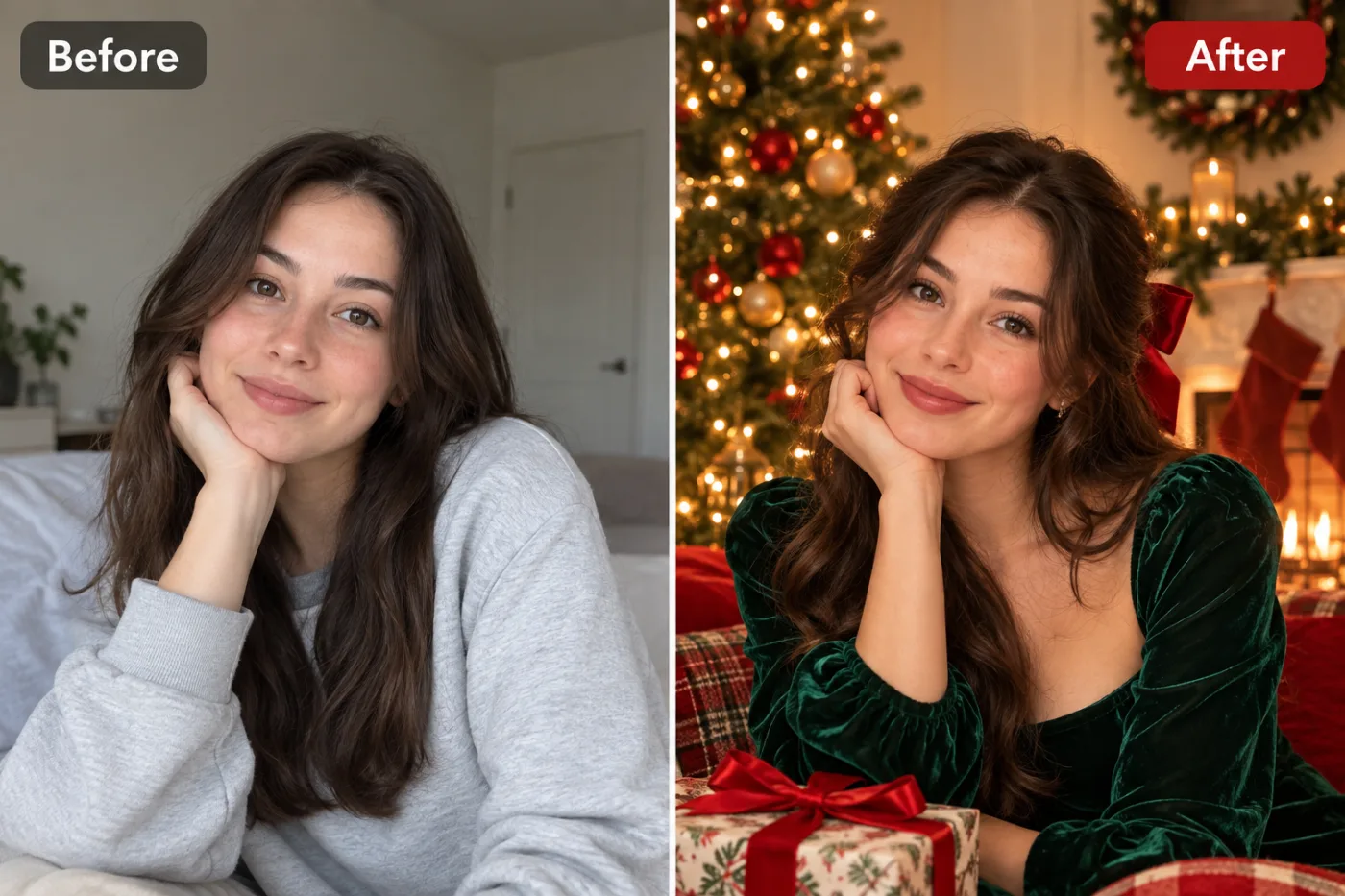 AI Christmas Photo Maker — before and after