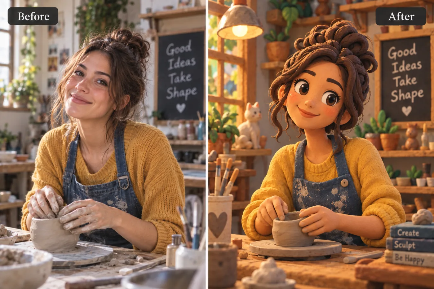 AI Claymation Photo Maker — before and after