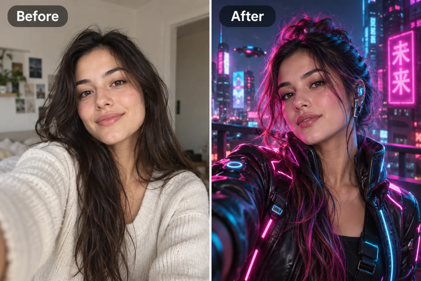 AI Cyberpunk Avatar Maker — before and after