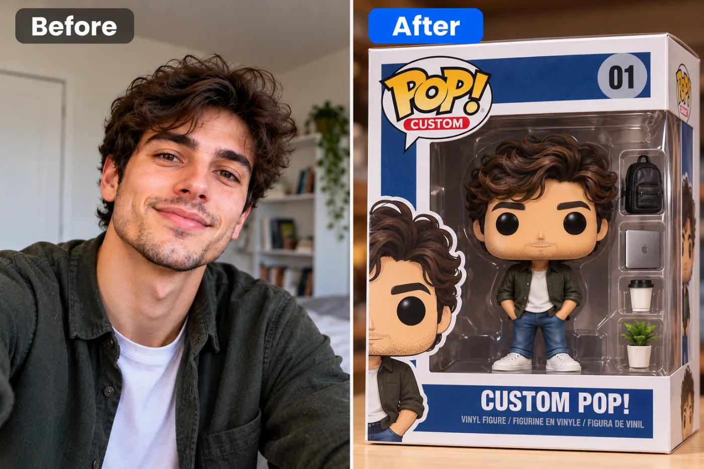 Funko Pop Yourself AI Generator — before and after