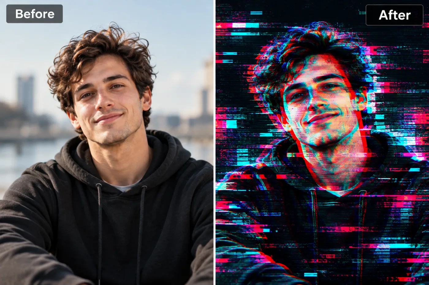 Glitch Effect Generator — before and after