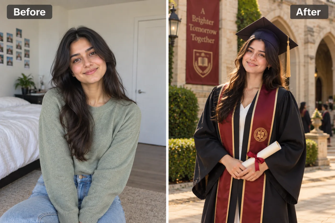 AI Graduation Photo Maker — before and after