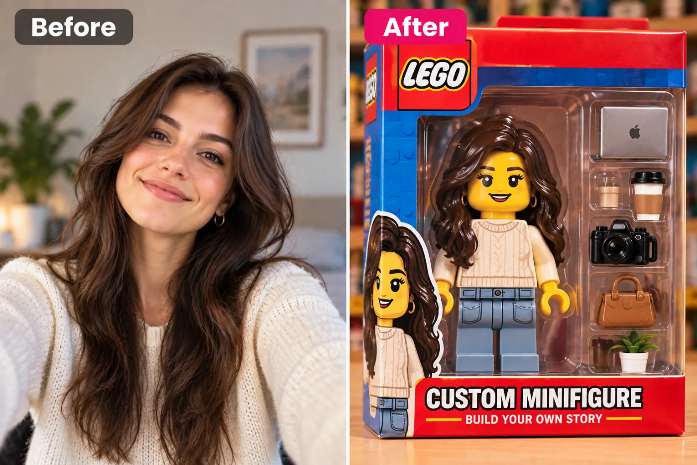 AI Lego Minifigure Maker — before and after