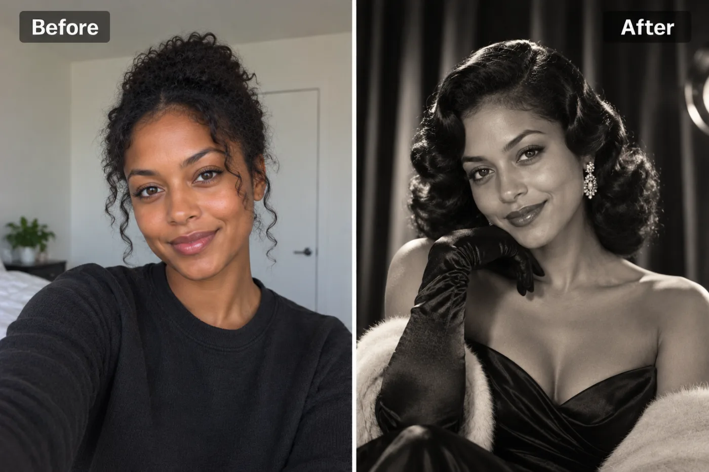 Old Hollywood Glamour AI Portrait — before and after