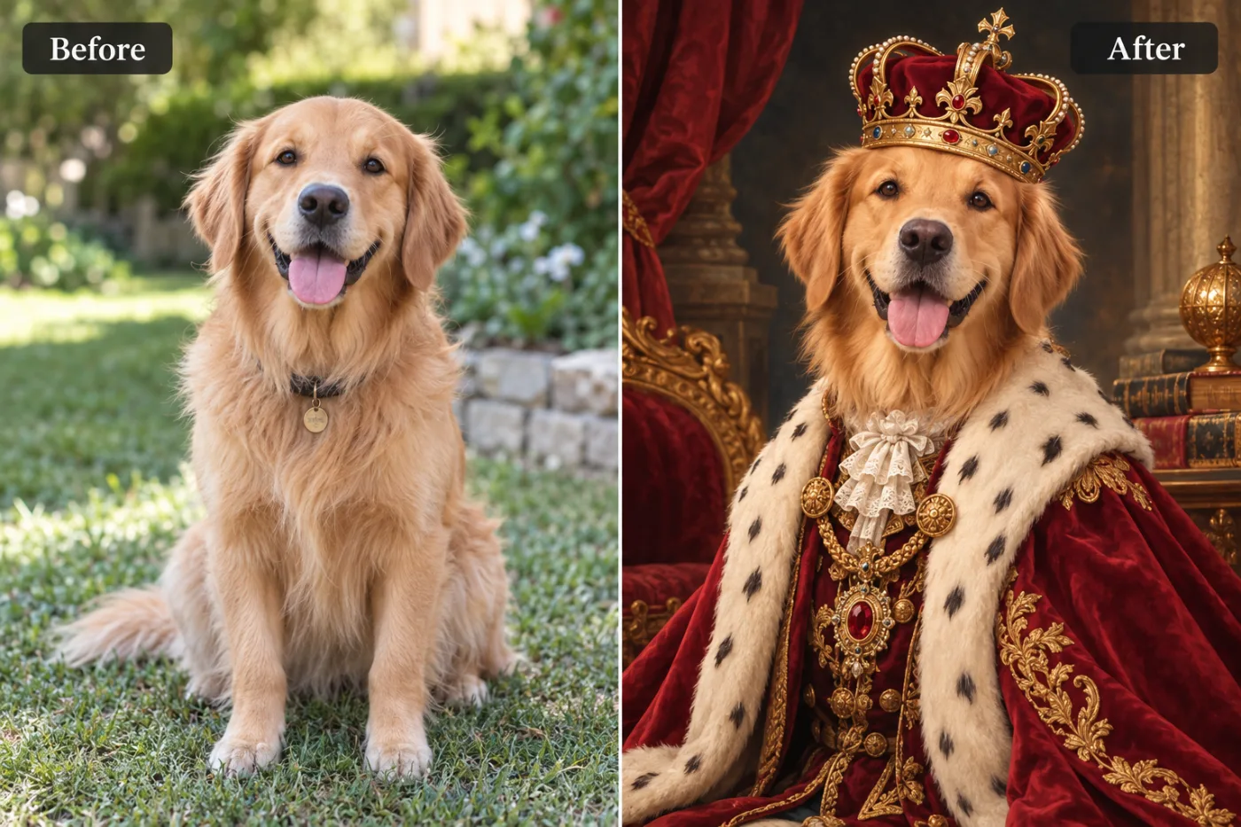 AI Pet Portrait Maker — before and after