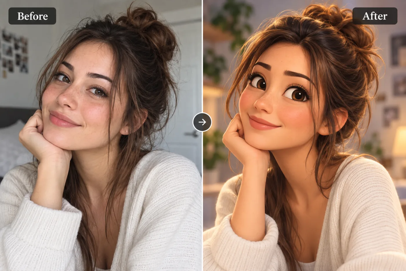 AI Pixar Avatar Maker — before and after