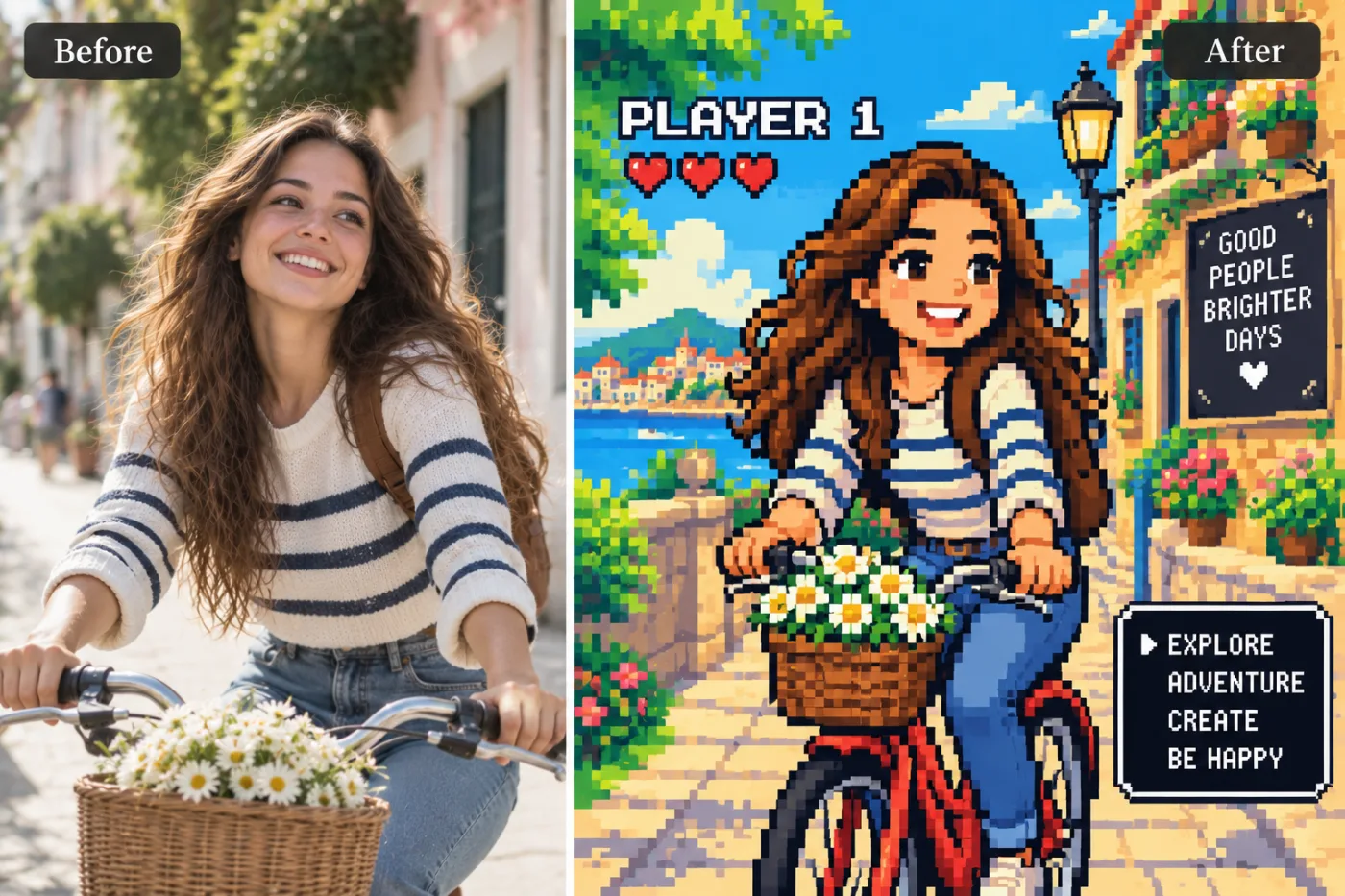 AI Pixel Art Avatar Maker — before and after