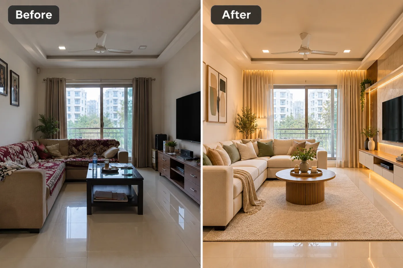 AI Room Redesign — before and after