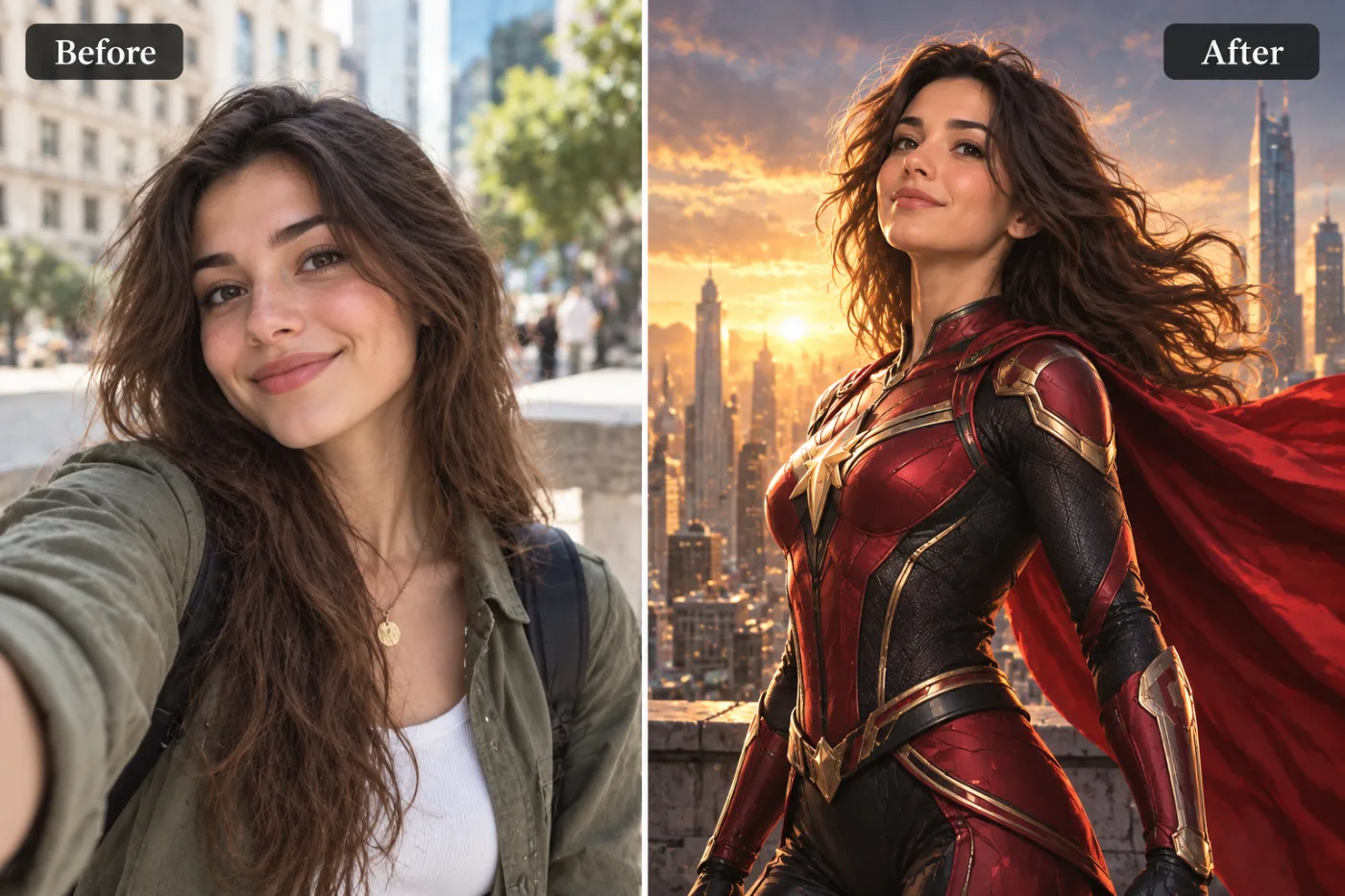 AI Superhero Costume Maker — before and after