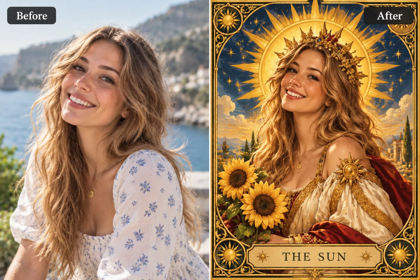 AI Tarot Card Portrait Maker — before and after