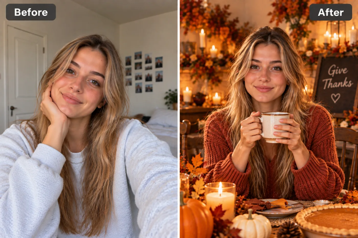 AI Thanksgiving Photo Maker — before and after